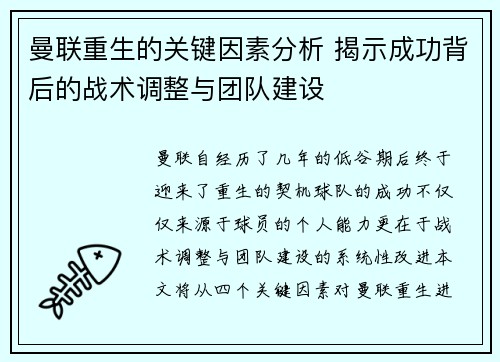 曼联重生的关键因素分析 揭示成功背后的战术调整与团队建设