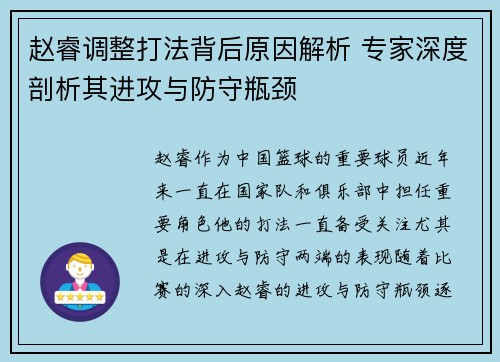 赵睿调整打法背后原因解析 专家深度剖析其进攻与防守瓶颈